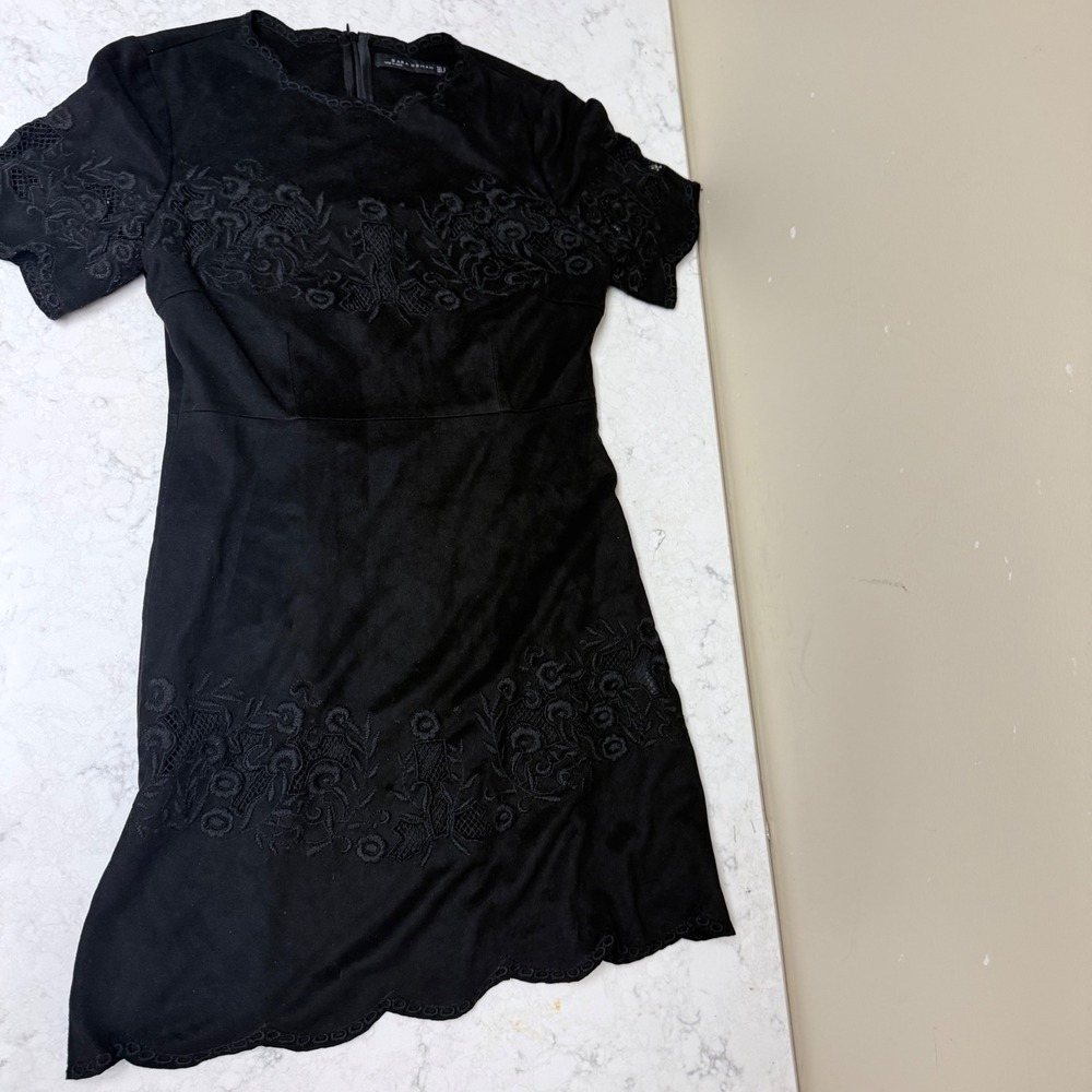Zara Woman Black Faux Suede Embroidered Lace Mini Dress Small Short Sleeve
